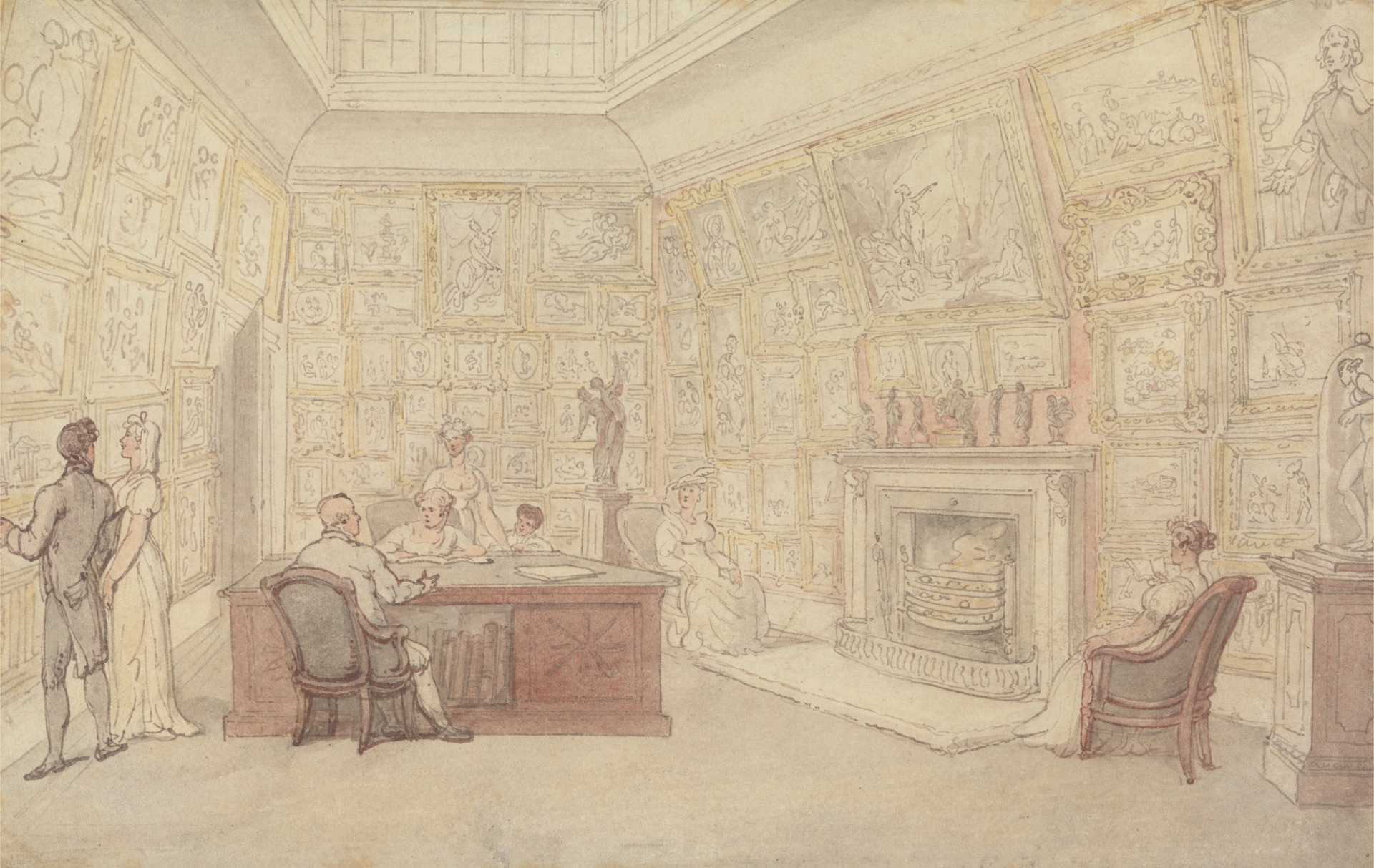 Thomas Rowlandson, A Gentleman’s Gallery, undated, Watercolor and graphite with pen and gray ink and pen and brown ink on medium, slightly textured, cream wove paper, Yale Center for British Art, Paul Mellon Collection.