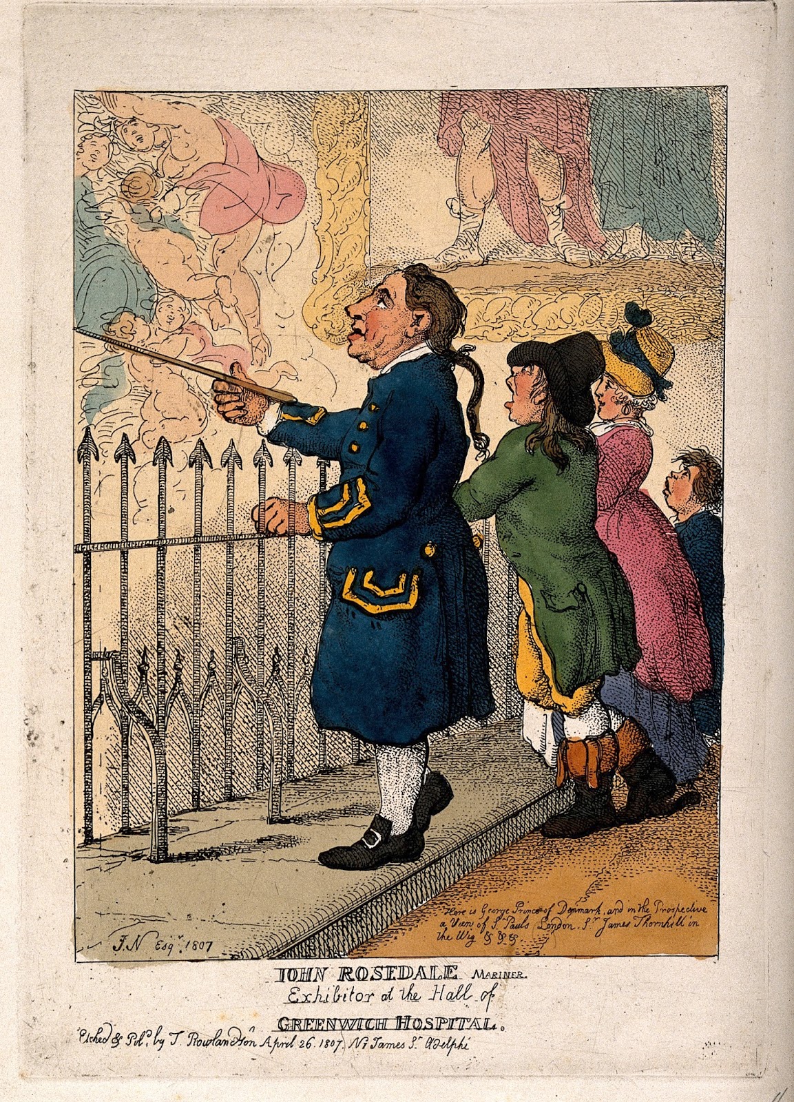 A Greenwich Pensioner showing the Thornhill decorations in the Painted Hall to a family of visitors. Coloured etching by T. Rowlandson after [J. N.] Esq, 1807. Courtesy of the Wellcome Institute.