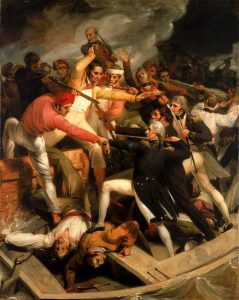 Richard Westall, Nelson in conflict with a Spanish launch, 3 July 1797, 1806. Oil on canvas, 86.3 x 71.1 cm. National Maritime Museum, Greenwich, UK. http://collections.rmg.co.uk/collections/objects/14381.html.