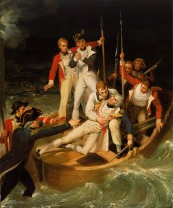 Richard Westall, Nelson wounded at Tenerife, 24 July 1797, 1806. Oil on canvas, 86.6 x 71.1 cm. National Maritime Museum, Greenwich, UK. http://collections.rmg.co.uk/collections/objects/11990.html.